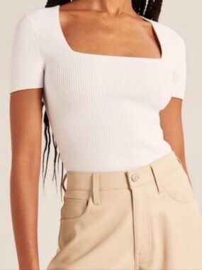 Abercrombie & Fitch White Ribbed Square-Neck Crop Top Small